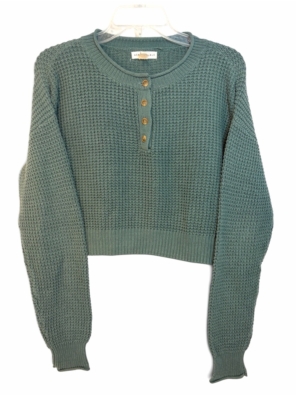 Aeropostale Light Green Cropped Waffle-Knit Henley Sweater Size Small